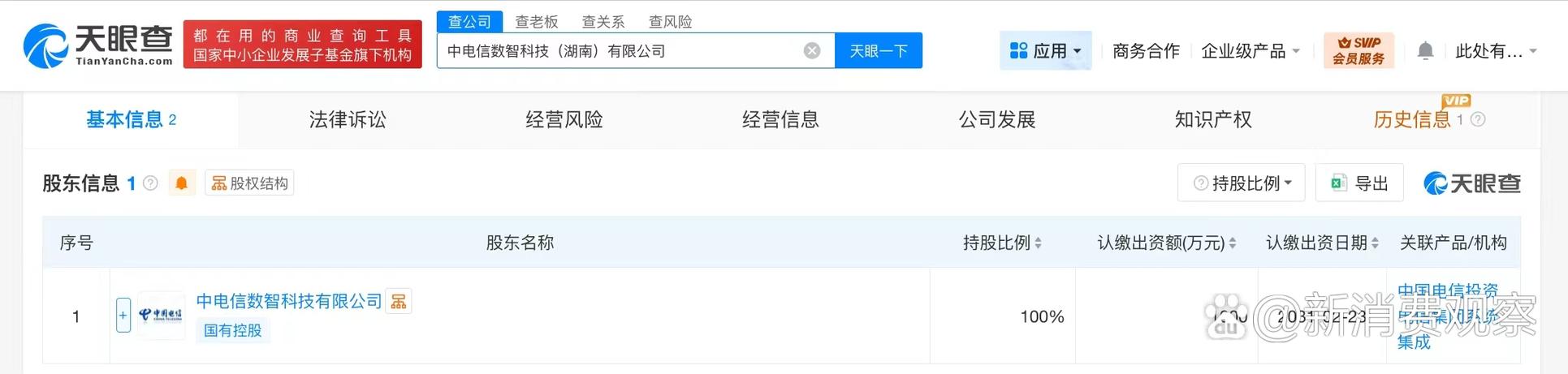 【#中国电信在湖南成立数智科技公司# 注册资本1000
